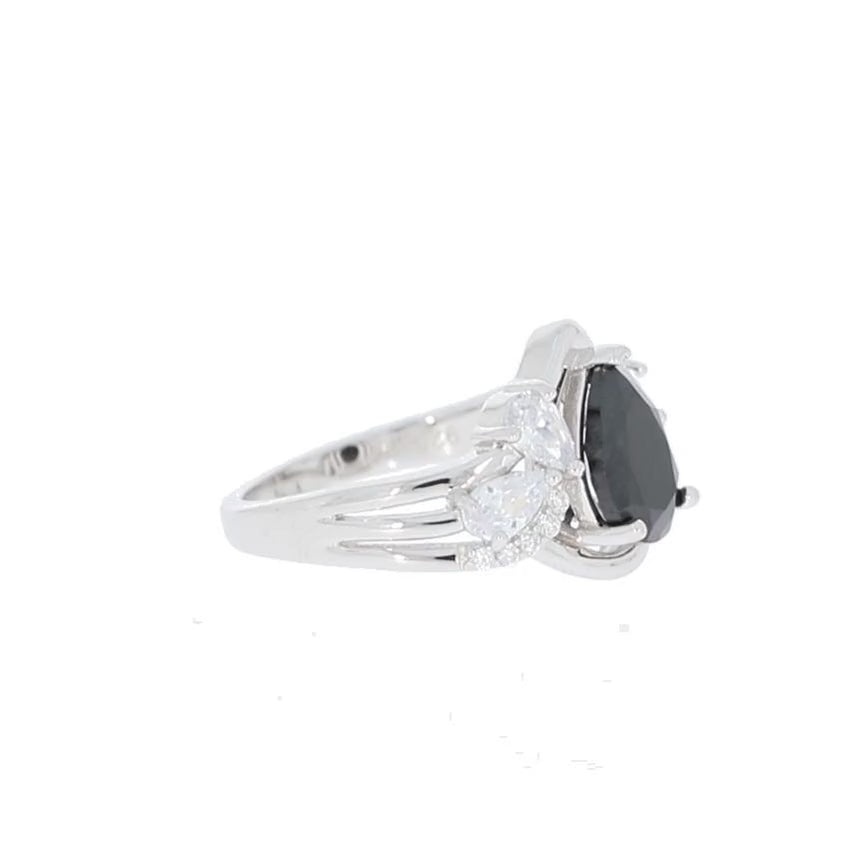 Pear Black Moissanite Sterling Silver Ring with Moissanite Accent
