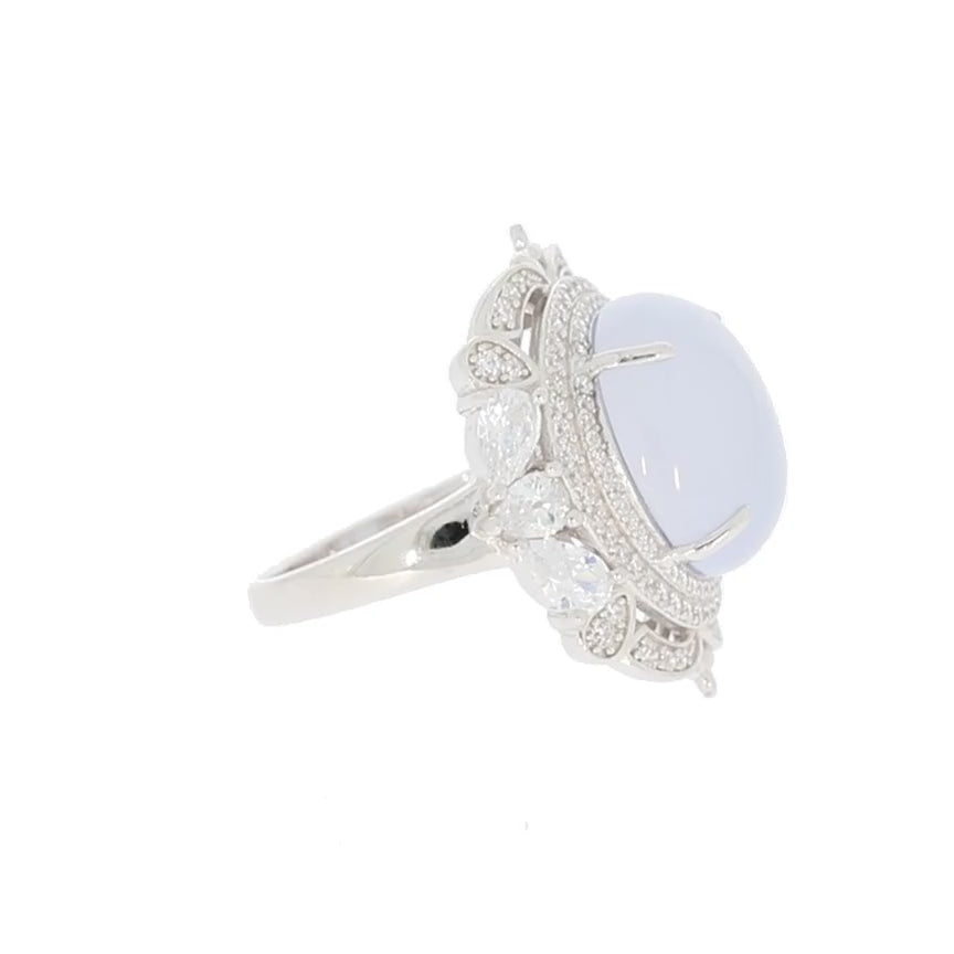 Oval White Opal Sterling Silver Ring with Moissanite Accent