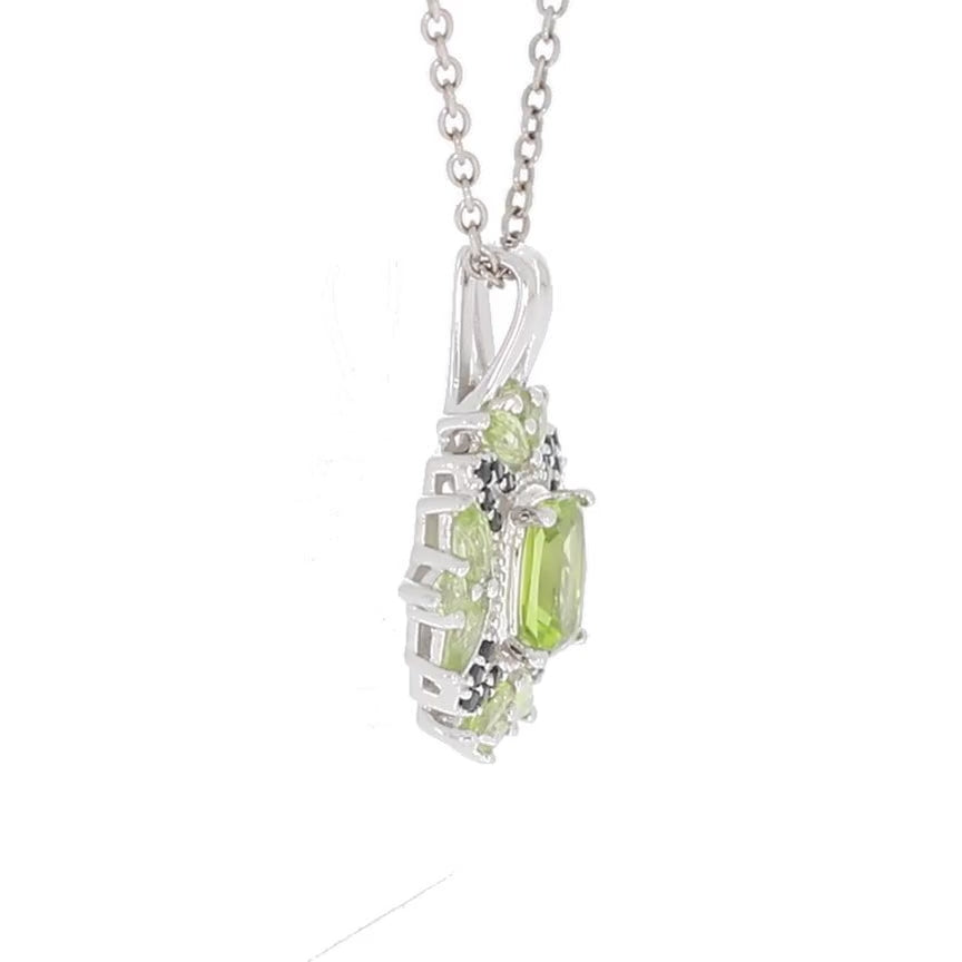 Cushion Green Peridot Sterling Silver Pendant with Black Spinel Accent