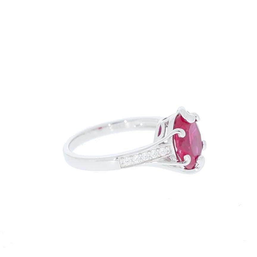Oval Red Ruby Sterling Silver Ring with Moissanite Accent