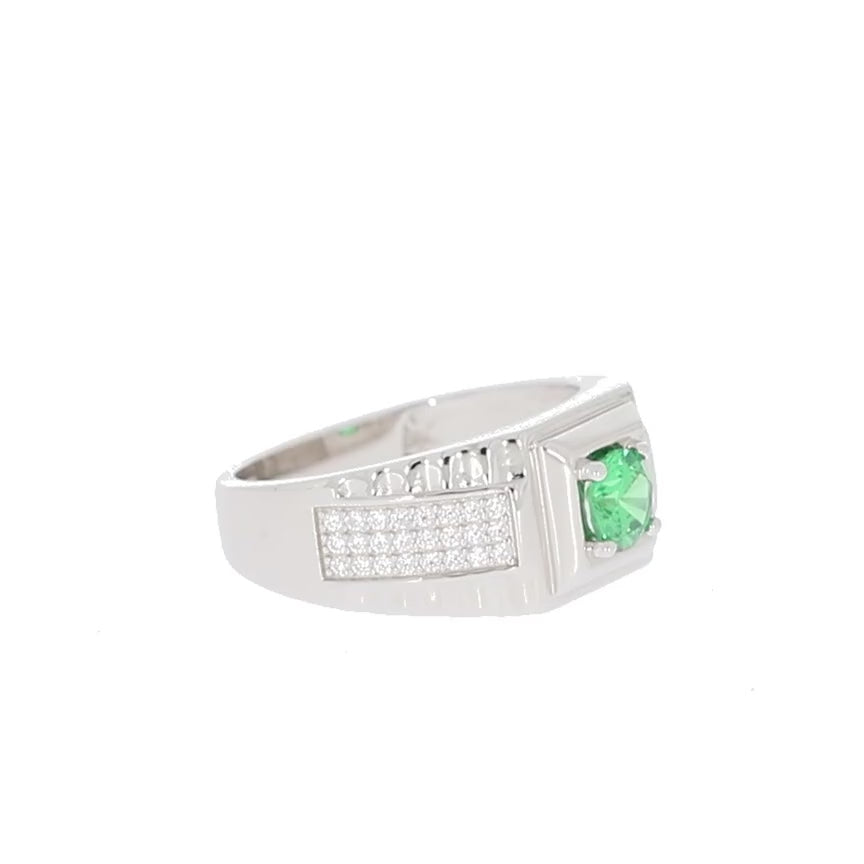 Round Green Emerald Sterling Silver Ring with Moissanite Accent
