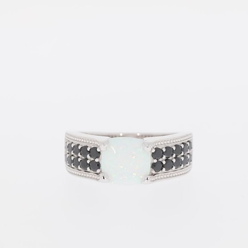 Cushion White Opal Sterling Silver Ring with Diamond Accent