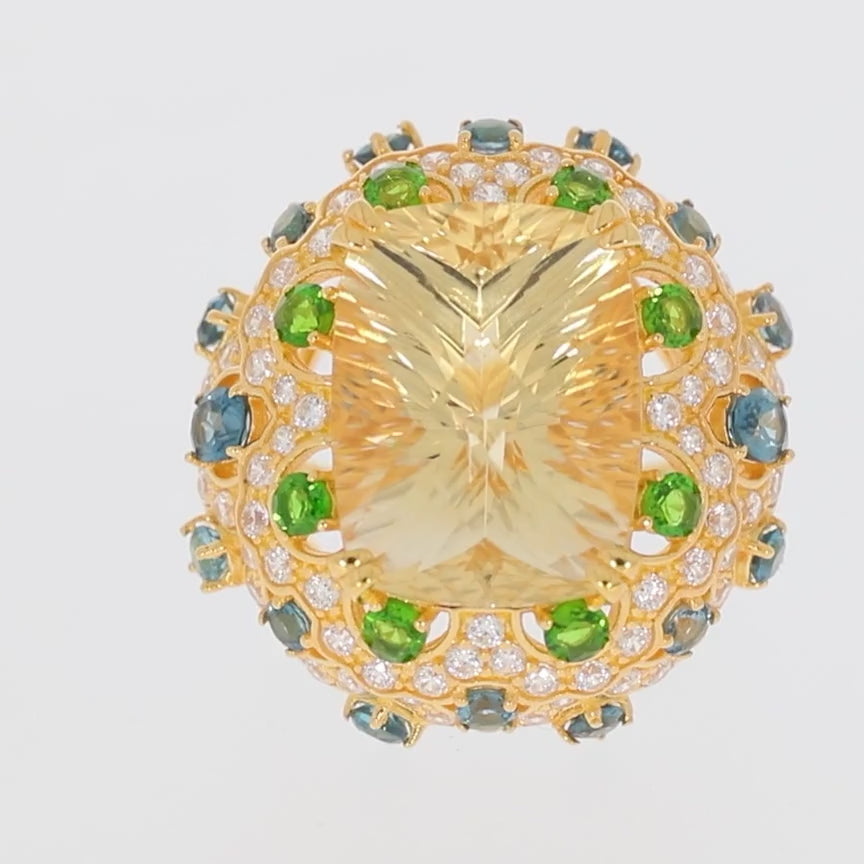 Cushion Yellow Citrine Sterling Silver Ring with Moissanite Accent