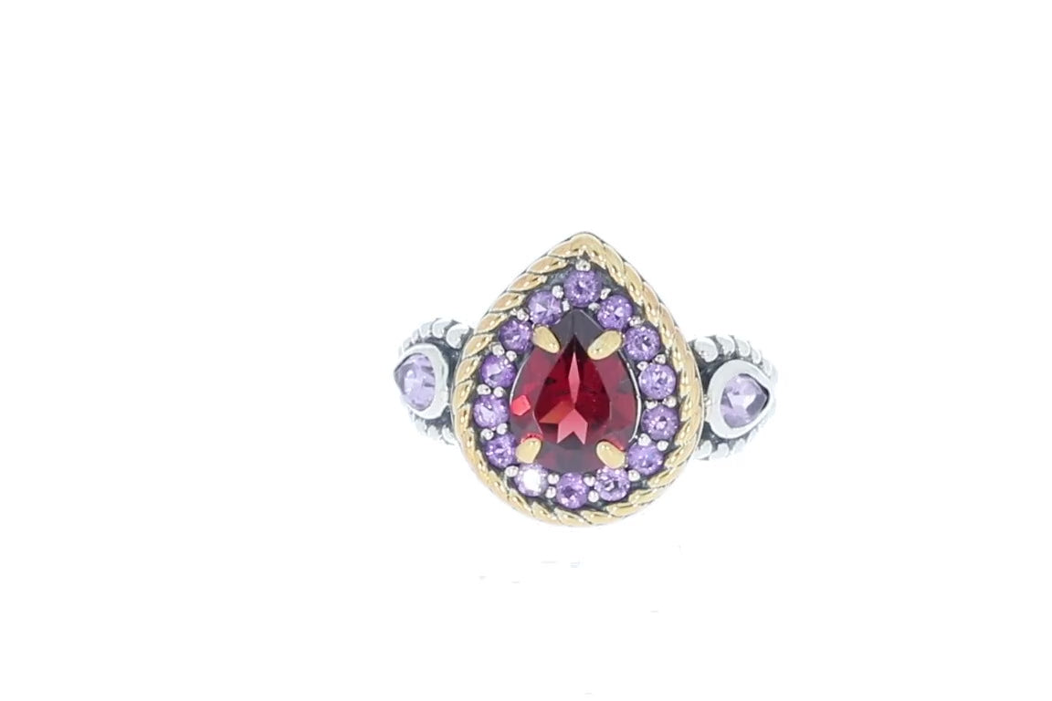 Pear Red Garnet Sterling Silver Ring with Amethyst Accent