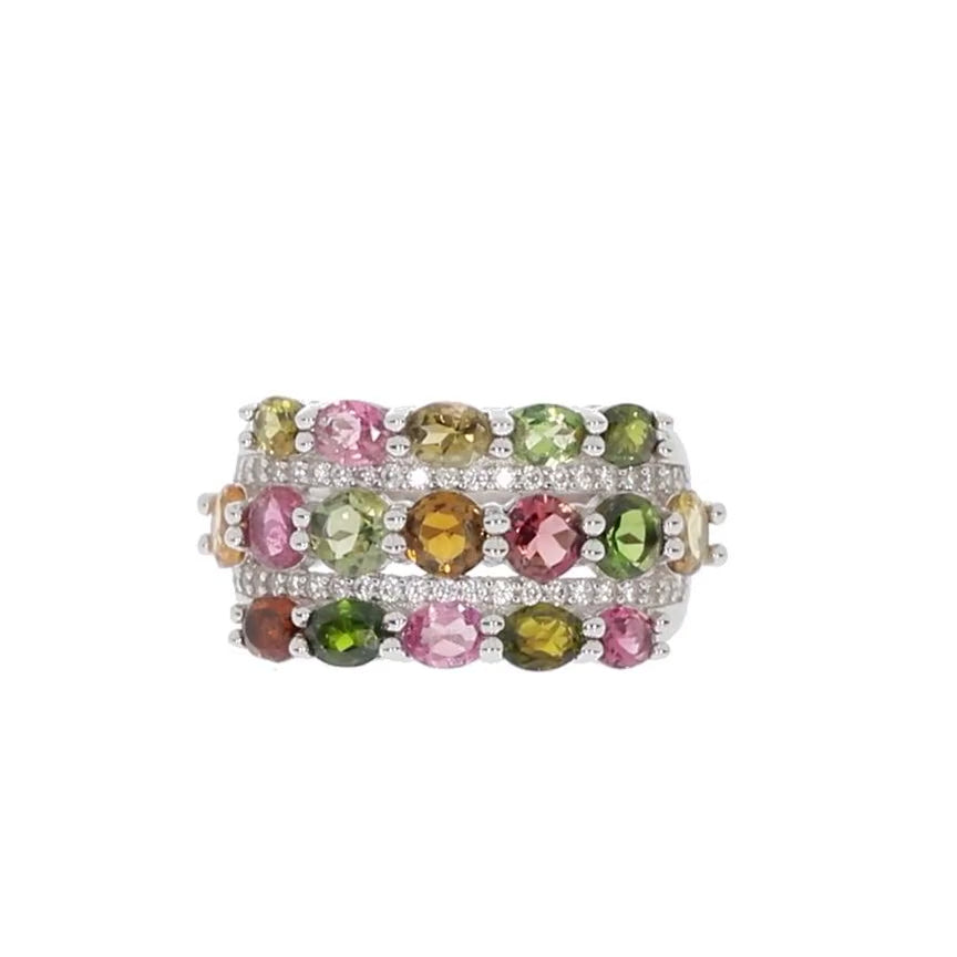 Oval Mutliple Color Tourmaline Sterling Silver Ring with Accent