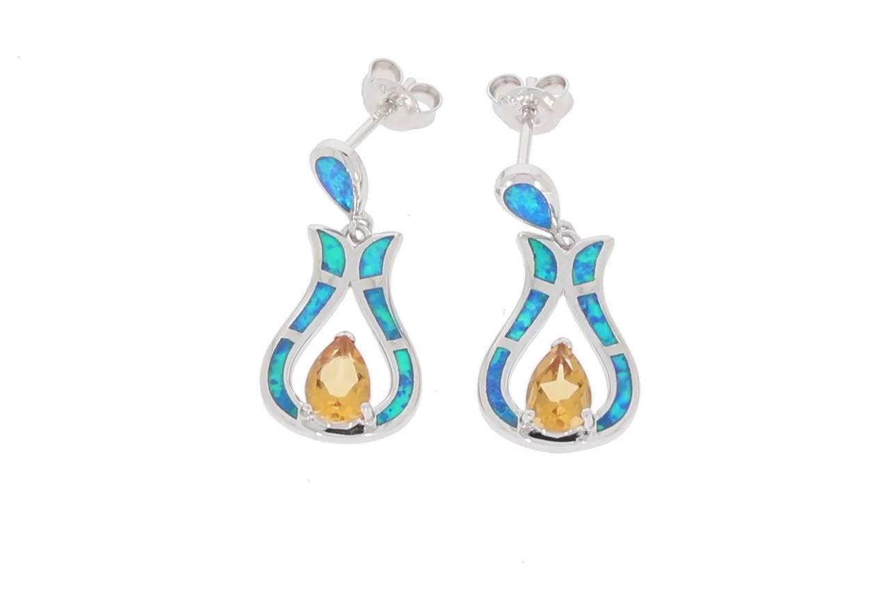 Yellow Citrine Sterling Silver Earrings with Opal Accent
