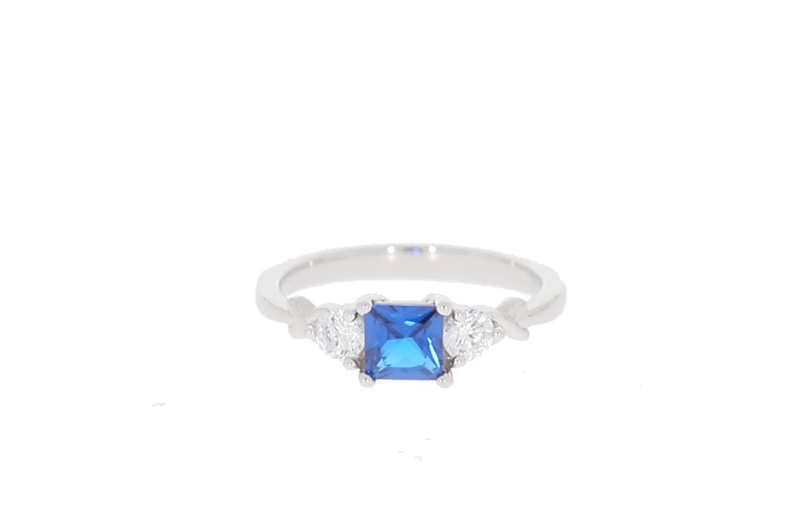 Princess Blue Moissanite Sterling Silver Ring with Moissanite Accent