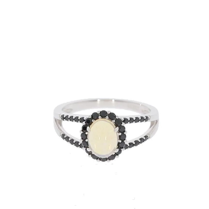 Oval White Opal Sterling Silver Ring with Diamond Accent