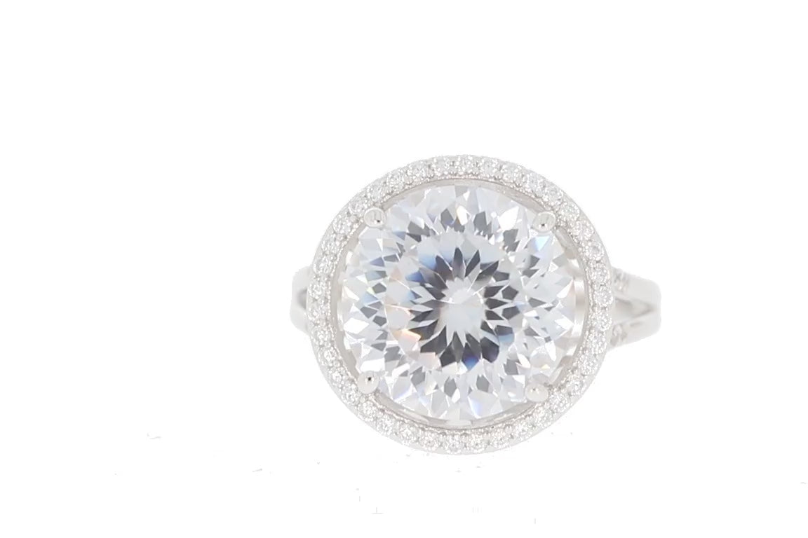Round White Moissanite Sterling Silver Ring with Moissanite Accent