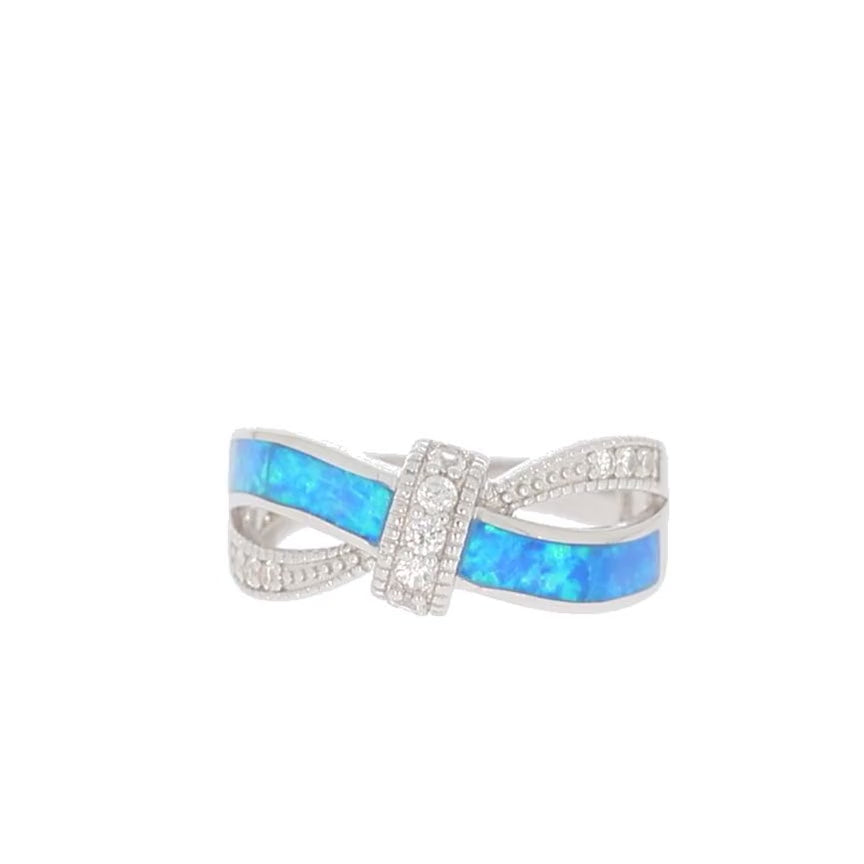 Round Blue Opal Sterling Silver Ring with Accent