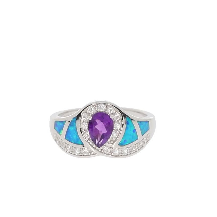 Purple Amethyst Sterling Silver Ring with Opal Accent