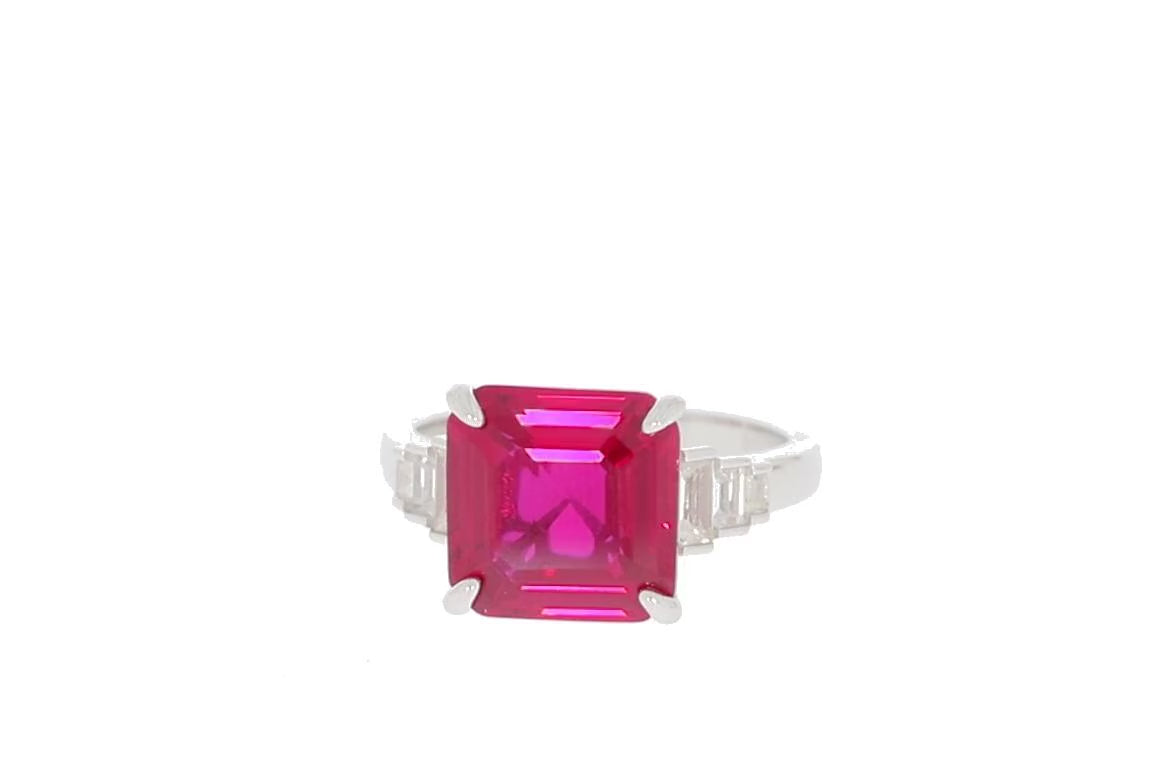 Emerald Red Ruby Sterling Silver Ring with Moissanite Accent