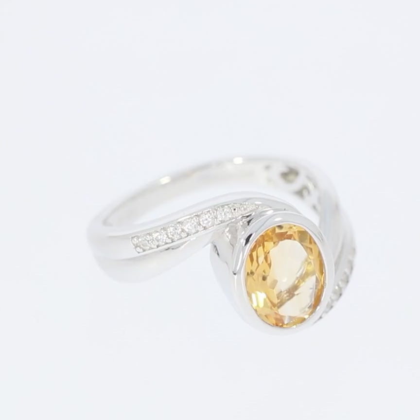 Oval Yellow Citrine Sterling Silver Ring with Moissanite Accent