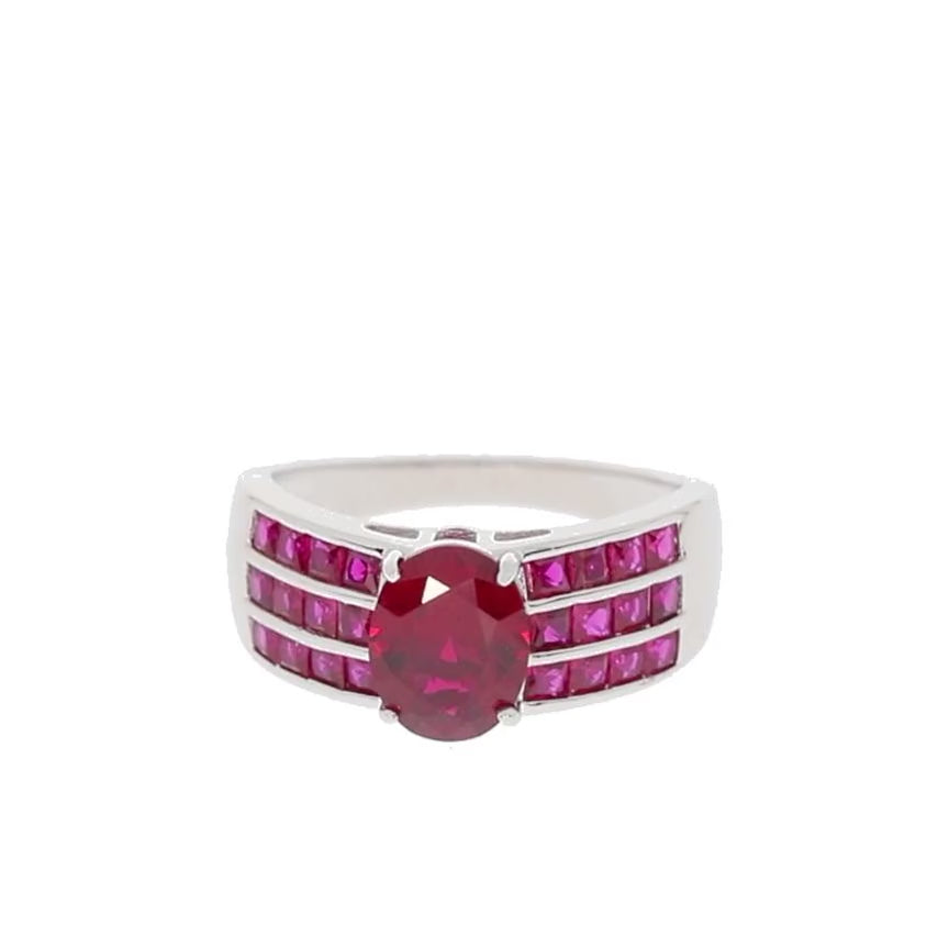 Oval Red Ruby Sterling Silver Ring with Ruby Accent