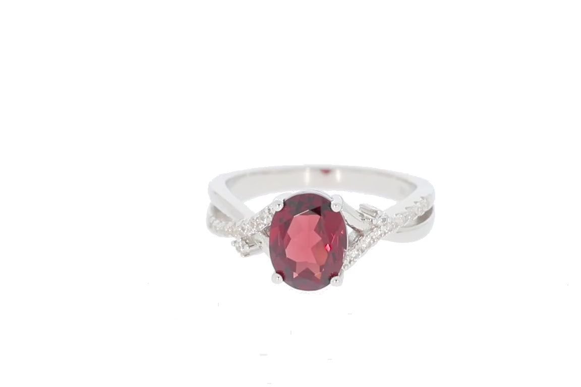 Red Garnet Sterling Silver Ring with Diamond Accent