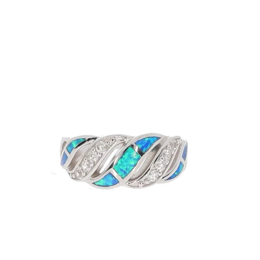 Round Blue Opal Sterling Silver Ring with Accent