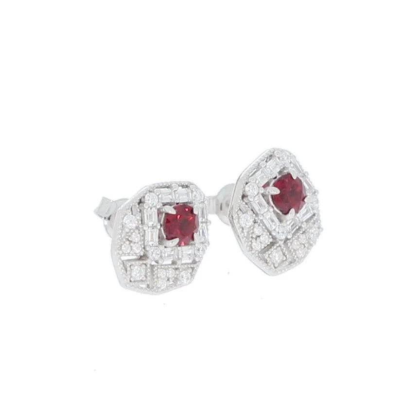 Round Red Garnet Sterling Silver Earrings with Moissanite Accent