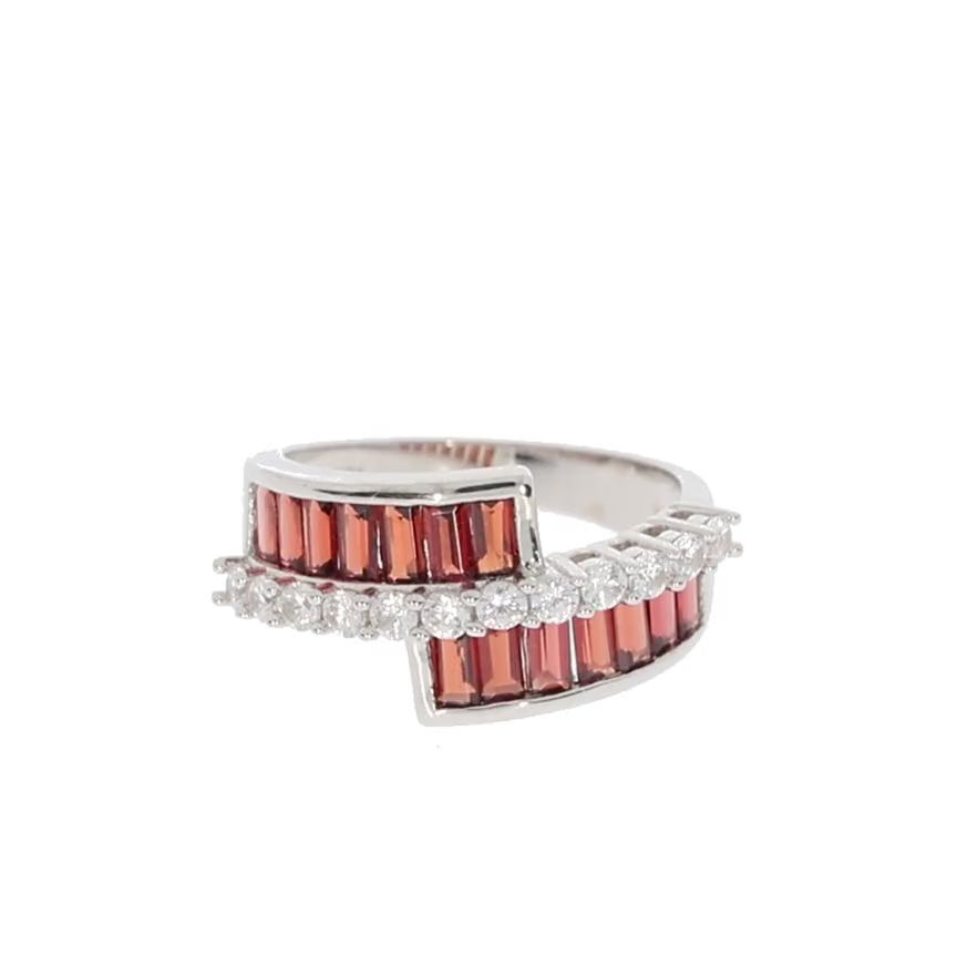 Emerald Red Garnet Sterling Silver Ring with Moissanite Accent