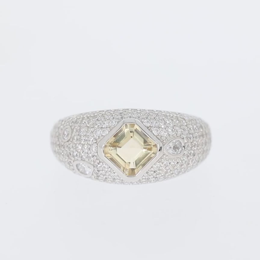 Emerald Yellow Citrine Sterling Silver Ring with Moissanite Accent