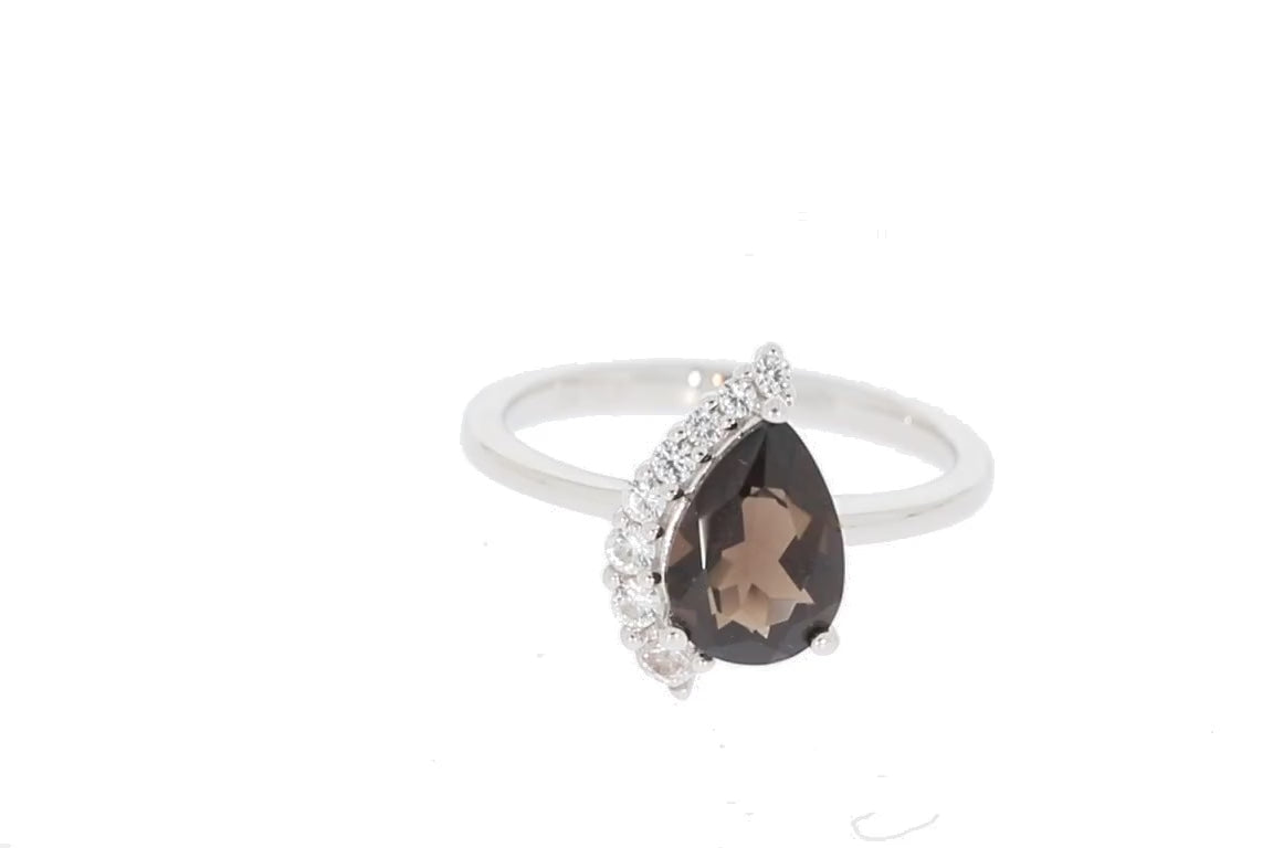 Pear Black Smooky Quartz Sterling Silver Ring with Moissanite Accent