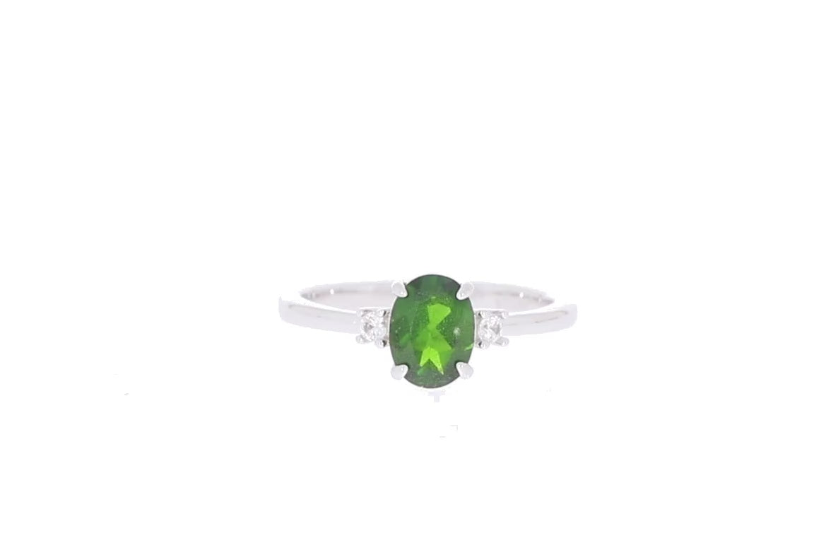 Oval Green Chrome Diopside Sterling Silver Ring with Moissanite Accent