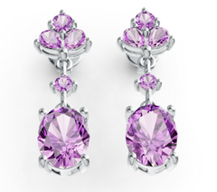Elegant Oval Birthstone Drop Earrings – Triple Crystal Accent Top with Classic Prong-Set Gemstone, 12 Birthstone Variants PJC1743E