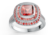 Elegant Double Halo Birthstone Ring – Cushion-Cut Center Stone with Baguette & Pavé Accents, 12 Gemstone Variants, Luxury Statement Jewelry PJC4484R