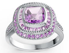 Elegant Double Halo Birthstone Ring – Cushion-Cut Center Stone with Baguette & Pavé Accents, 12 Gemstone Variants, Luxury Statement Jewelry PJC4484R
