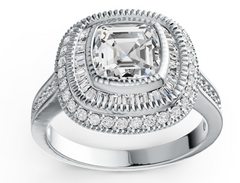 Elegant Double Halo Birthstone Ring – Cushion-Cut Center Stone with Baguette & Pavé Accents, 12 Gemstone Variants, Luxury Statement Jewelry PJC4484R
