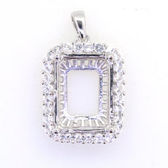 Sterling Silver semi mount pendant setting with white topaz halo, designed for 16x12 emerald gemstones.