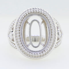Sterling Silver Semi Mount Ring Setting with oval design, featuring intricate rope details for cabochon gemstones.