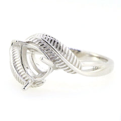 Sterling Silver semi mount ring setting with feather theme, designed for an 8x6mm pearl, customizable sizes available.
