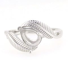 Sterling silver semi mount ring setting featuring a feather theme and a pear shape for an 8x6mm gemstone.