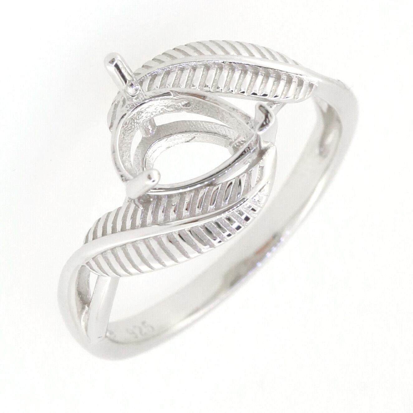 Sterling Silver Semi Mount Ring Setting featuring a Pear PE 8x6mm and elegant Feather Theme design.