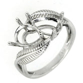 Sterling Silver Semi Mount Ring Setting with Feather Theme, 9x6mm Pear Shape, Toi et Moi Bypass Design