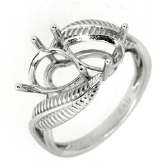 Sterling Silver Semi Mount Ring Setting with Feather Theme, 9x6mm Pear Shape, Toi et Moi Bypass Design