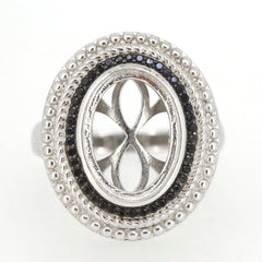 Sterling Silver semi mount ring setting with Black Spinel, cabochon design and halo milgrain detail.