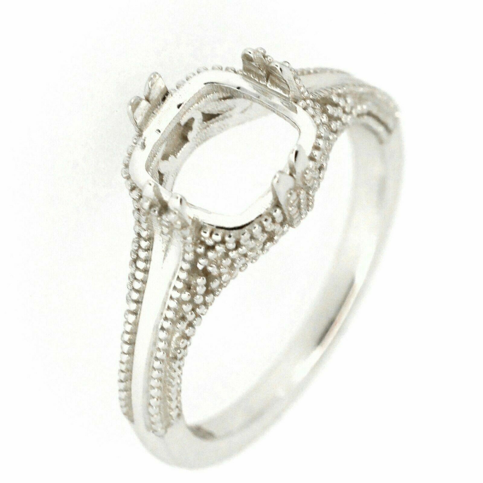Sterling silver semi mount ring setting in Art Deco style, designed for 8x8mm cushion gemstones.