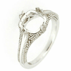 Sterling silver semi mount ring setting in Art Deco style, designed for 8x8mm cushion gemstones.