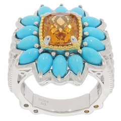 Sterling silver semi mount ring setting featuring a cushion-cut yellow gemstone and turquoise floral halo design.