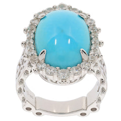 Sterling silver semi mount ring setting featuring an oval turquoise gemstone surrounded by white topaz accents.