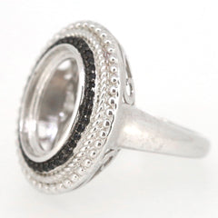 Sterling silver semi mount ring setting with black spinel gemstones and halo milgrain design.