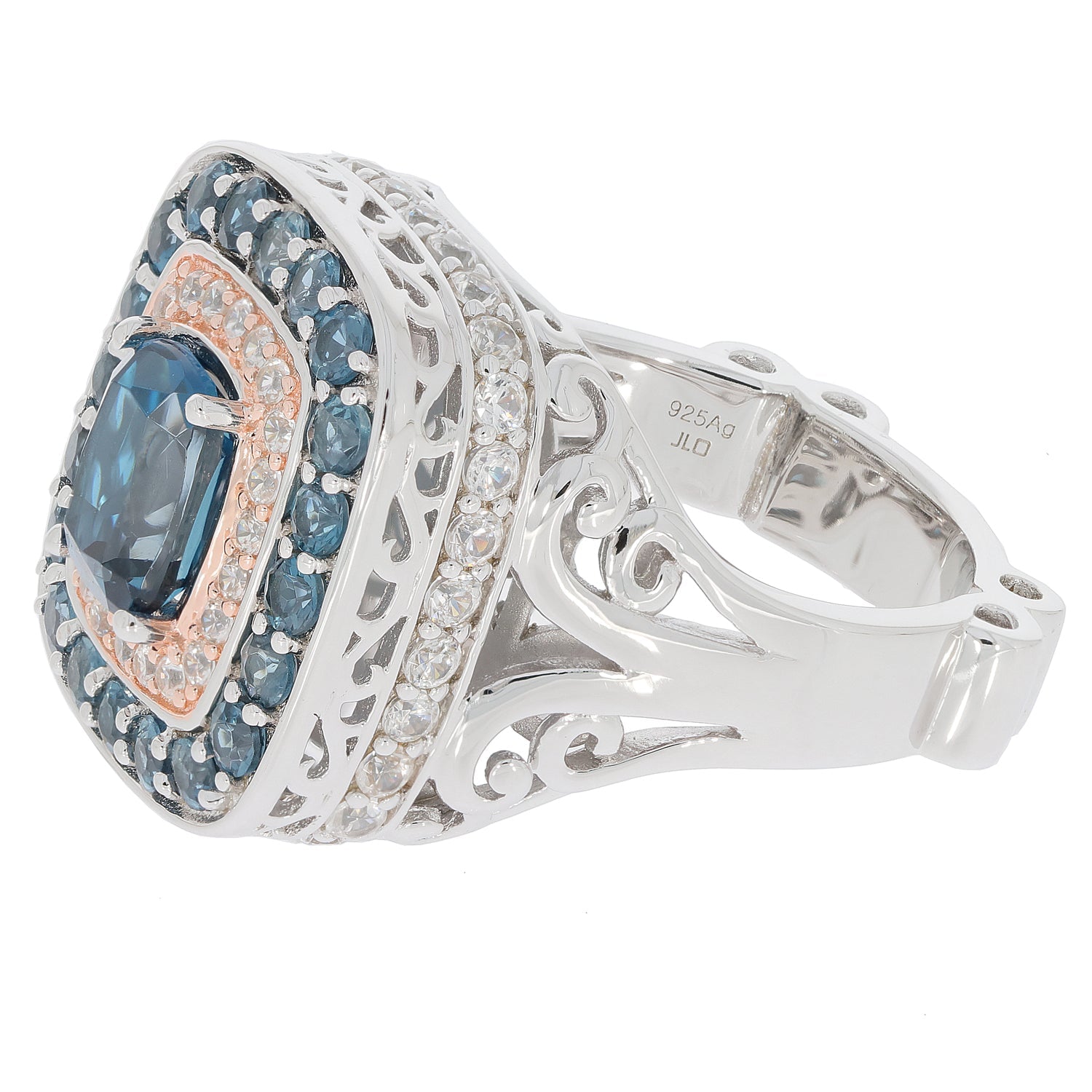 Cushion Blue London Topaz Sterling Silver Ring with Moissanite Accent - JS Jewelry Design