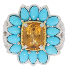 Sterling silver semi mount ring with cushion cut yellow gemstone and turquoise halo design.