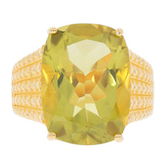 Yellow cushion-cut gemstone cocktail ring with intricate band design, showcasing elegance and style.