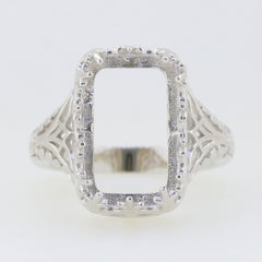 Sterling Silver Semi Mount Ring Setting Emerald OCT 16x10mm Art Deco Style