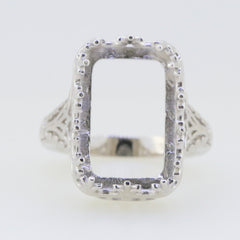 Sterling Silver Semi Mount Ring Setting Emerald OCT 18x12mm Art Deco Style