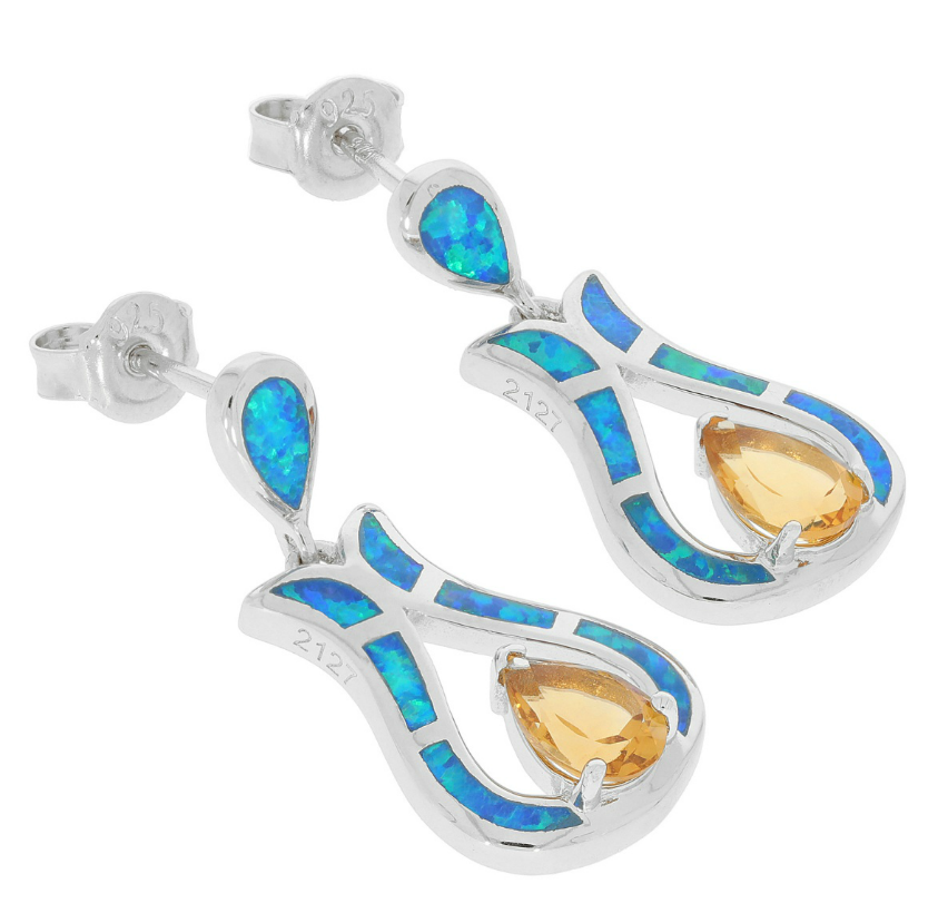 Yellow Citrine Sterling Silver Earrings with Opal Accent