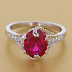 Oval Red Ruby Sterling Silver Ring with Moissanite Accent
