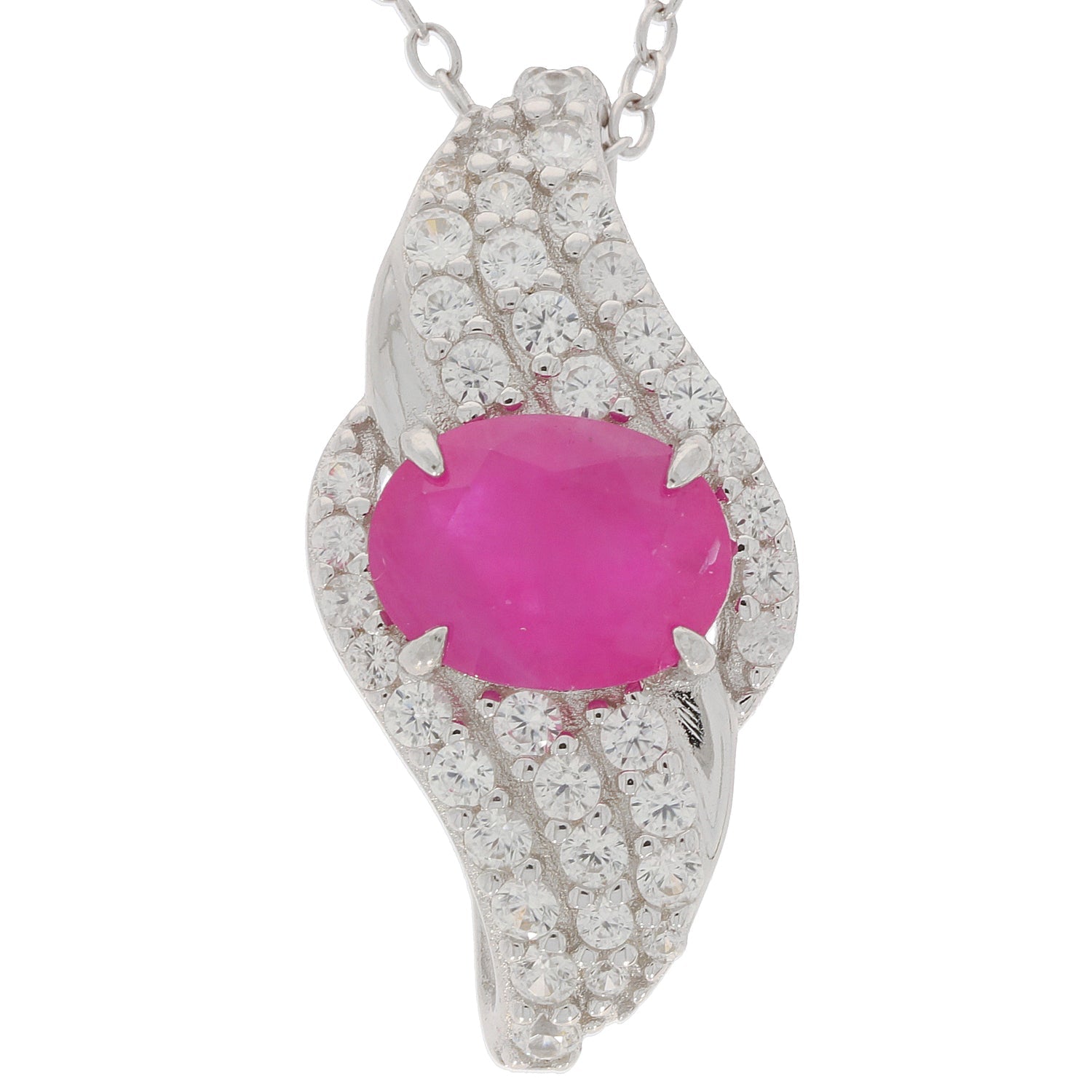 Elegant oval red ruby sterling silver pendant with diamond accents, radiating luxury and style.